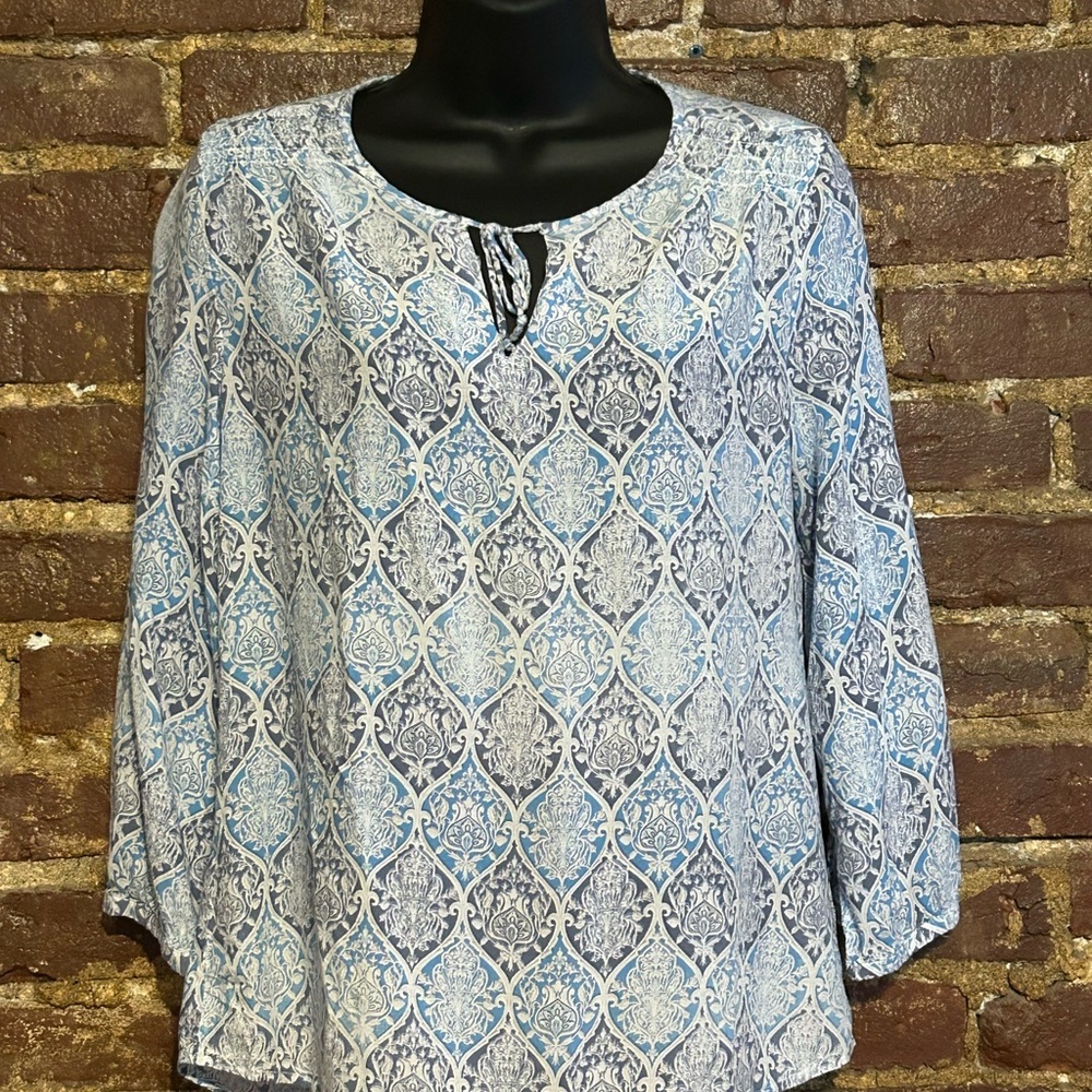 Crosby Blue and White Relaxed Blouse with Mandarin Collar Size L
